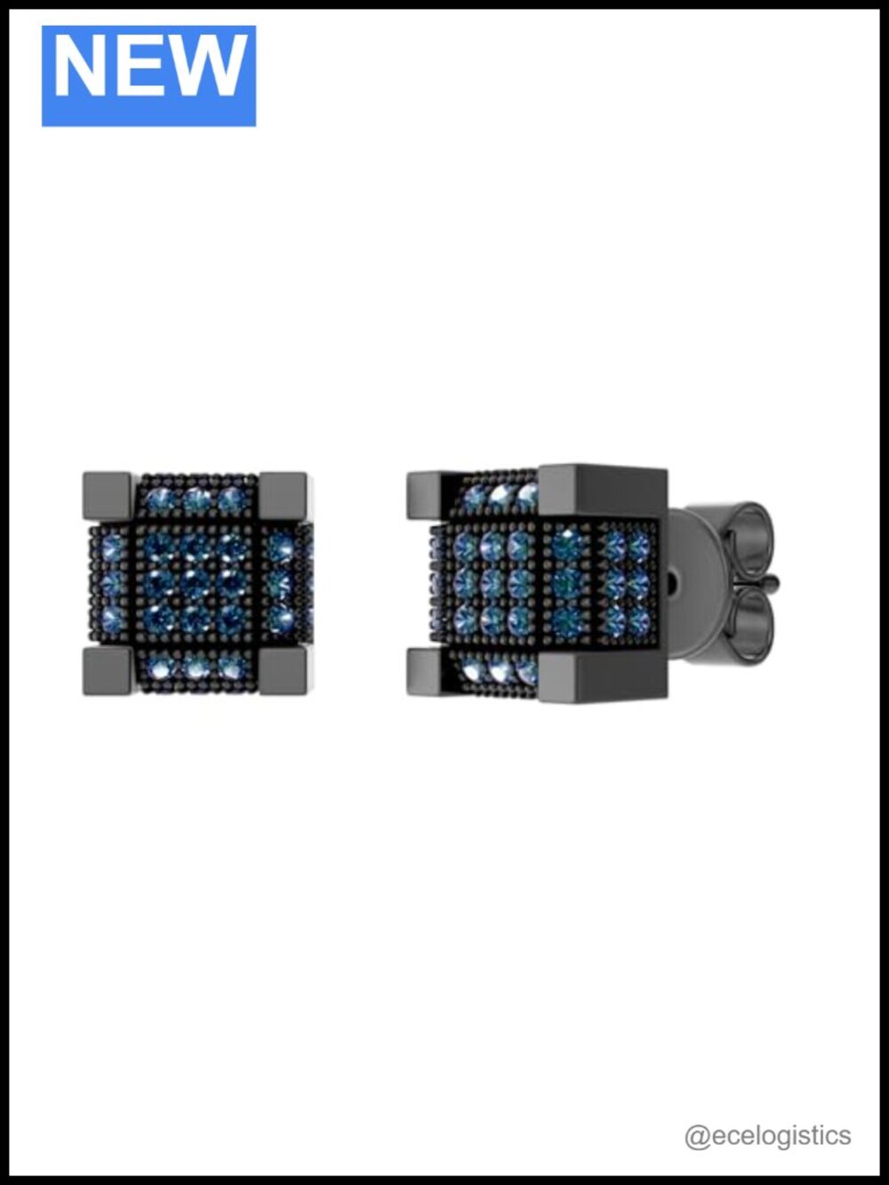 Black Plated 925 Sterling Silver Round Blue Diamond Stud Earrings